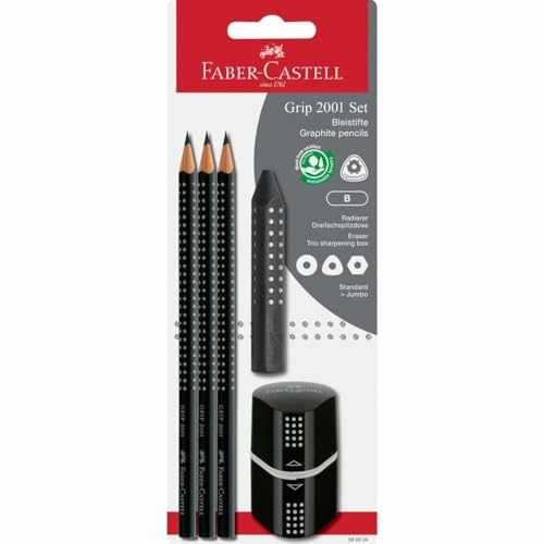 Faber-Castell 580024 - Set de crayons Grip 2001, 5 pièces avec 3 crayons, gomme et taille-crayon, noir