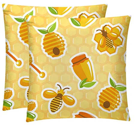 Pack of 2, Decorative Square Throw Pillow Cover Cushion Covers Pillowcase, Home Decor Decorations for Sofa Couch Bed Chair Honey Jar Hive Bee Honeycomb Sweet