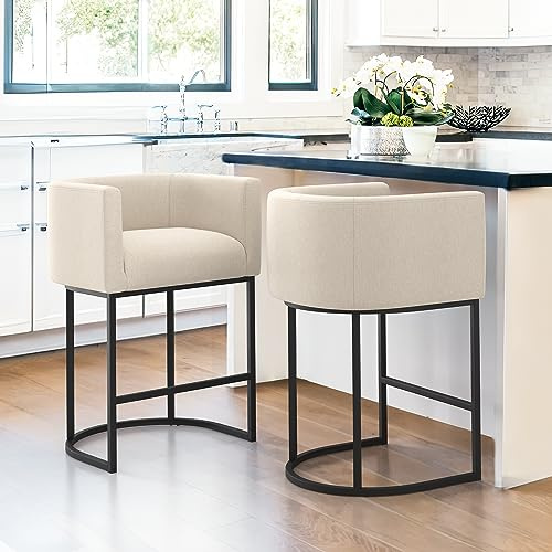 LUE BONA Barhocker 2er Set mit Lehne Armlehnen,69cm Hoch Drehsessel–Barstuhl Metall mit 16 cm Leinen Sitzfläche,Bar Hocker mit Metallbeinen,Moderner Barstuhl für Küche,Theke,Leinen