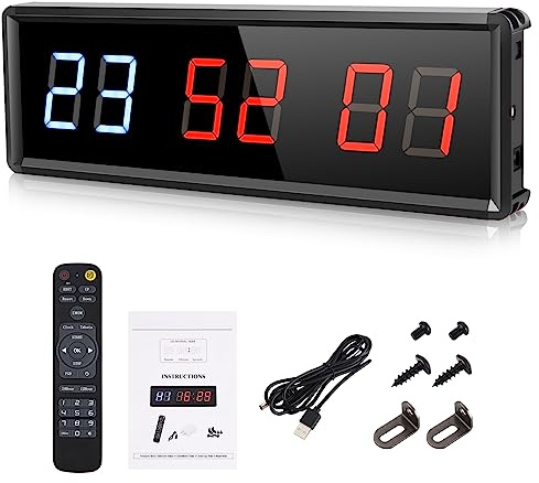 Timer Sport Minuteur Fitness Mural avec Télécommande pour Boxe Horloge Tabata EMOM MMA Gym Outdoor Extérieur Intérieur (Bleu/Rouge, 27x8.5cm)