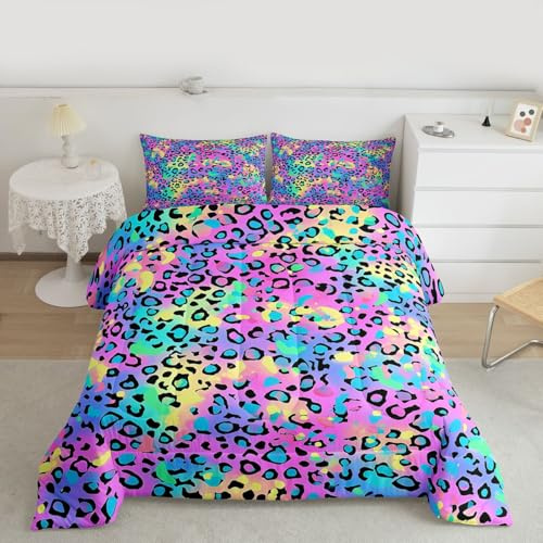 Feelyou Leopard Bedding Comforter Set Tie Dye Leopard Grain Printed Quilt Bedding Set Twin Size with 1 Comforter 1 Pillowcase for Kids All Season Boys