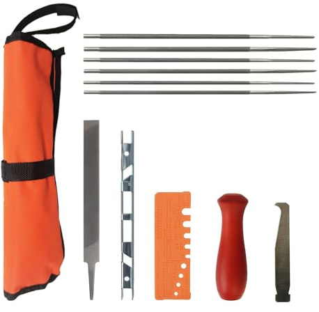 Feilen Set Kettensäge Universal 12 Pack Kettensägen-Feilensatz Feilenkit beinhaltet 4.0/4.8/5.5mm*2 runde Kettensägenfeile, Flache Feile für Kette, Tiefenmesser, Schnellprüfgerät, Holzgriff, Feilhilfe