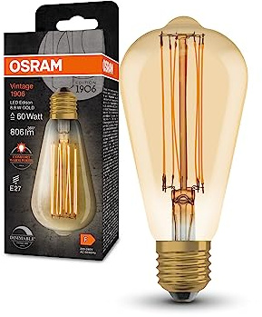 Osram Dimmbare LED-Lampen, Vintage-Edition, 60 Watts Ersatz, E27, ST64-shape, 2200 Kelvin, Warm Comfort Light, Klares Glas, single Pack, Gold