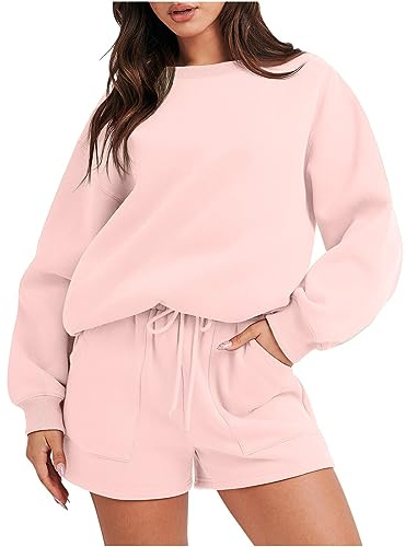 HAOLEI Tracksuit Womens Full Set Shorts Sale 2 Piece Outfits Set Plain Pullover Sweatshirts and Shorts Joggers Loose Fit Activewear Sweat Pants Casual Sports Sweatsuit Lounge Wear Sets UK Clearance