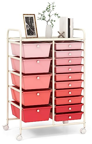GOPLUS Rollwagen mit 15 stapelbaren Schubladen, Schubladenwagen Farbewahl, Beistellwagen Haushaltswagen Rollcontainer Badrollwagen Badtrolley Badregal (Rosa)