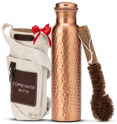AVA DESIGNZ CLEO HOME 100% Pure Copper Water Bottle for Drinking, 32 Oz Large Hammered Ayurvedic Copper Bottle with 2 Pockets Canvas Bag & Cleaning Brush, Leak-Proof Insulated Copper Water Bottle