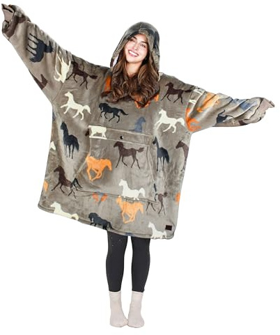 Tirrinia Wearable Blanket Oversized Hoodie for Adults, Horse Print Gift Sherpa Sweatshirt, as Christmas Gifts for Family & Friend. One Size Fits All