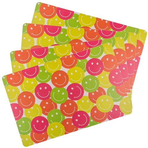 Tischset ''Be Happy'' - 4er Set Smiley Platzset - 43x28 cm - wasserfest - Schutzmatte Malunterlage Bastelunterlage Kinder Smily