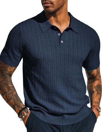 PJ PAUL JONES Men's Breathable Knitted Polo Shirt Hollow Out Casual Textured Knit Shirts Navy Blue