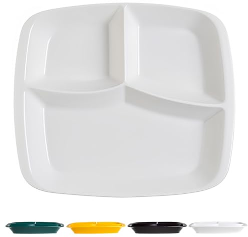 Dowbom Große Portionskontrollteller, einfarbig, geteilte Teller für Erwachsene, bariatrische Teller zur Portionskontrolle, wiederverwendbares 3-teiliges Lunch-Tablett (27,9 cm, weiß)