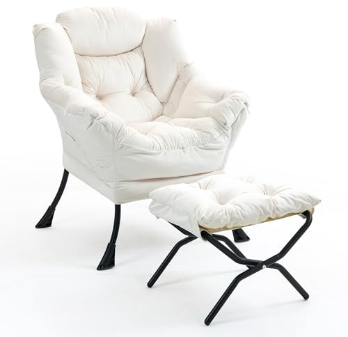 TIANSHU Samt Sessel mit Hocker, Relaxsessel mit Nackenstütze Sessel Wohnzimmer mit Metallbeinen Stabil Loungesessel Ohrensessel Sessel für Schlafzimmer Arbeitszimmer Balkon (Beige)