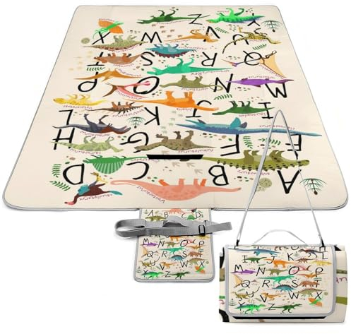 SEEKJOYS Picknickdecke mit Dinosauriern und englischen Buchstaben, faltbar, tragbar, 3-lagig, wasserdicht, sanddicht, Stranddecke für Outdoor, Camping, Reisen, Gras, Rasen, Park, Musikfestival