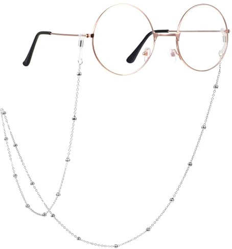 Prasacco Glasögonkedja för kvinnor, 70 cm glasögonkedja anti-förlust kedja för glasögon pärlor kedja snodd hållare för närsynthet glasögon, sportglasögon, läsglasögon, silver, 70