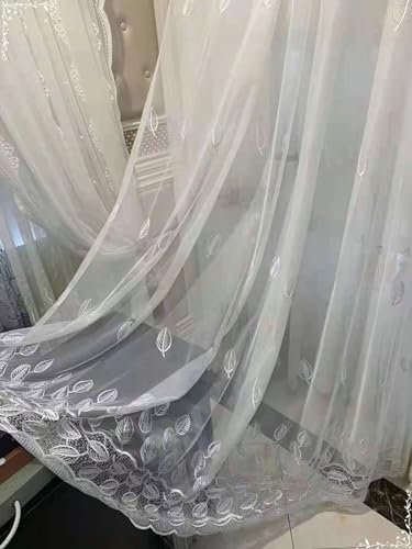 Beydodo Gardinen für Schienensystem 86x138CM, Vorhänge Weiß 2er Set Haken Jacquard mit Blätter Motiv Gardinenschals Polyester Halbtransparent für Wohnzimmer Schlafzimmer Küche