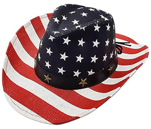Hperu Amerikanische Flagge Cowboyhut Patriotischer Cowboy Hut USA Amerikanische Flagge Cowboy/Cowgirl Hut mit Kinnband Western Cowgirl Strohhut für Männer Frauen 4. Juli Independence Day