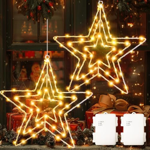 yowin Weihnachtsdeko Fenster 2 Stück 75 LED Weihnachtsbeleuchtung Batteriebetriebene mit Timer, Weihnachtsstern Fenster Lichterkette Wasserdicht Stern Beleuchtet für Balkon Baum Aussen Innen Deko