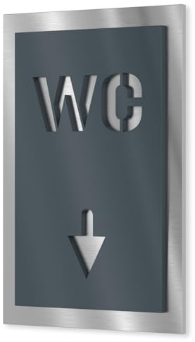 Urhome Toiletten Schild aus V2A Edelstahl 160x110-250x175mm Anthrazit Ral 7016 WC Pfeil unten - Piktogramm Türschild rostfrei - Herren Damen Toilette Infoschild für Wand Tür Innen Außen
