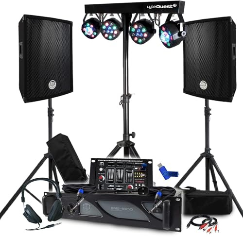 Pack Sono BM Bmsonic Ampli 1000 W, par de altavoces pasivos 2 x 300 W, mesa de mezcla, pórtico con 4 luces Xperformer, pies+llave 32 G