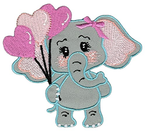 Elefant mit Rosa Luftballons Gestickt Aufnäher zum aufbügeln oder aufnähen Bügelbild Aufbügler für Kleidung Bügelpatch Applikation Patch Größe 8,8 x 7,8 cm
