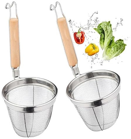 YouXiaor Passoire à pâtes en acier inoxydable - 2 pièces - Panier de service multifonction - Passoire de cuisine - Avec poignée en bois - Panier à pâtes - Cuillère chinoise