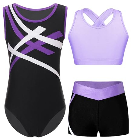 Oyolan Ensemble Sport Fille Enfant Justaucorps Gymnastique Tank Top Sport Short de Gym Fitness Yoga Workout Sportwear A Violet 9-10 ans