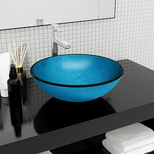 ShGaxin Lavabo en verre trempé bleu 42 x 14 cm, évier de salle de bain, lavabo de salle de bain, lavabo Casa de Banho, meuble lavabo sur plan de travail - SPU:345265