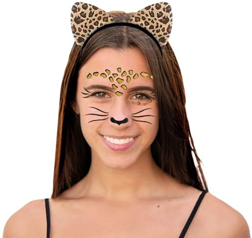 Oblique Unique Set Leopard Haarreifen Sticker für Gesicht Tiergesicht Aufkleber Kostüm Accessoire für Fasching Karneval Geburtstag Kinder Motto Party Halloween
