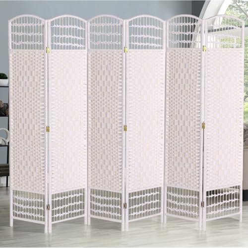 Warmiehomy Room Dividers Free Standing 6 Panel Folding Screens and Room Dividers 240CM x 170CM Wicker Privacy Screen for Home Living Room Bedroom Office Lobby, White