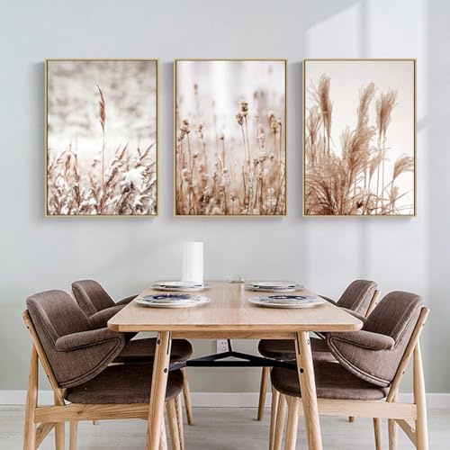 AQCQDQ 3er Poster Set Wohnzimmer Beige Boho Pampasgras Bilder Modern Wanddeko Schilf Natur Leinwandbilder - Ohne Rahmen (40x50 cm,B)