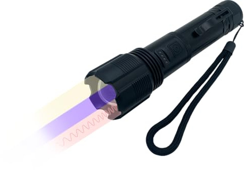 Berger + Schröter | Dreifunktions LED-Taschenlampe, Weiß, 940nm IR, 395nm UV Schwarzlicht, 25 mm Durchmesser, Aufladbar inkl. Akku, mit Gürtelclip