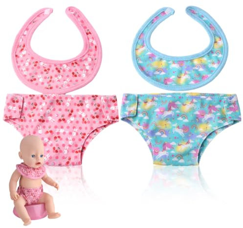 NHQ 4 Stück Puppenlätzchen und Puppenwindeln für Babypuppen,mit Farbenfrohen Spielzeugmotiven,Puppenzubehör,Baby Born Windeln,Wiederverwendbare Windeln
