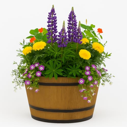 Gardening Naturally Wooden Barrel Effect Crocus Pot - Recycled Plastic, UV & Frost Resistant, By Flowersea (Deep Yellow, 40cm)