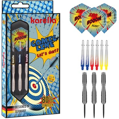 Karella Profi Steeldarts Comic-Line 80% Tungsten, 5 Modelle, 21-24 gr. formstabile Polycarbon Schäfte, Flights 100 Mic. Dartpfeile inkl. Ersatzschäfte und PVC-Box