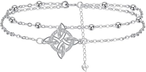 J.MUEN Bracelet de Cheville pour Femme Argent Sterling 925 Double Chaînes avec Boules Été Pieds Nus Fête Sur la Plage Chaînes de Cheville avec Zircones, Réglable (22+4cm)
