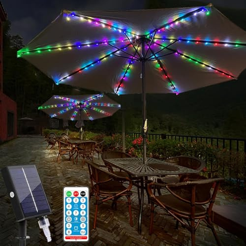 SUAVER Solar Lichterkette 104LED Solar Sonnenschirm Beleuchtung mit Fernbedienung,8 Modi LED Sonnenschirm Lichter,Wasserdichte Gartenleuchten Deko Licht für Garten Strand Party (Mehrfarbig)