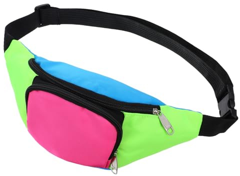 Sac banane multicolore pour femme, réglable des années 80, deux poches, sac banane festival, tenue de festival rétro pour femme, pour fête à thème années 80, sac banane pour festivals, costumes et vie