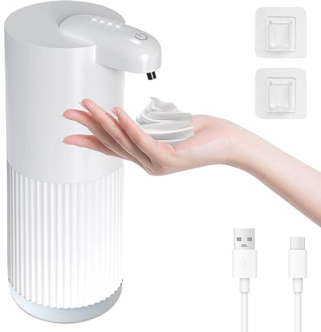 Cuteefun Foaming Soap Dispenser, 400ml Rechargeable Automatic Hand Soap Dispenser, 4 Levels Adjustable, IPX5 Waterproof, Wall Mounted, Touchless Infrared Sensing for Bathroom, Kitchen, White Ribbed