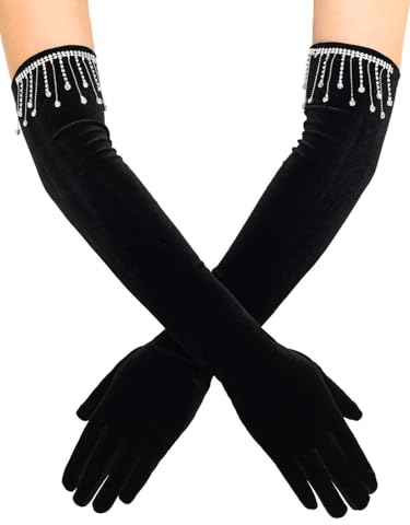 IYOU Longs Gants Velours pour Femmes Gants Noir Strass Pompon Gant 1920s Fête Opéra Dîner Mariage Coude pour Dames