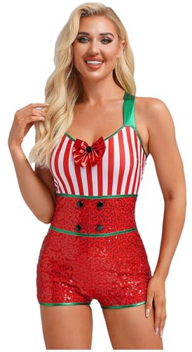 Rswnyirn Dam julkostym sockerstänger rollspel outfit randig bodysuit body tröja ärmlös temafest danskostym röd XXL