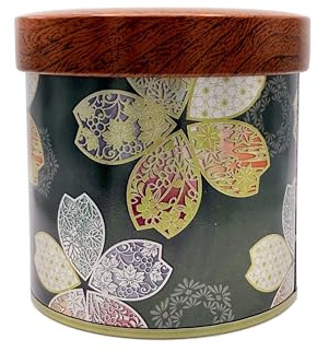 Japanese Tea Caddy with Airtight Double Lid - Dark Green Steel Tea Canister with Sakura Cherry Blossom Design 200g Loose Leaf Tea Tin, Matcha & Coffee Storage Jar with PE Seal and Wooden-Effect Cover