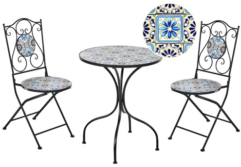 Beliani Conjunto de balcón bistró jardín Aire Libre Estilo Vintage Mesa y sillas con Efecto Mosaico Estructura de Hierro Negro Aggius