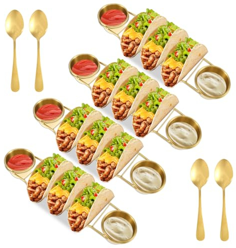 Stainless Steel Taco Holder Set - Rustproof Sturdy Food Grade Oven Safe Dishwasher Safe, with Spoon Salad Cup, Serving Tray for Mexican Dishes Toppings Tacotuesday Wedding Registry Gift (4pcs golden)