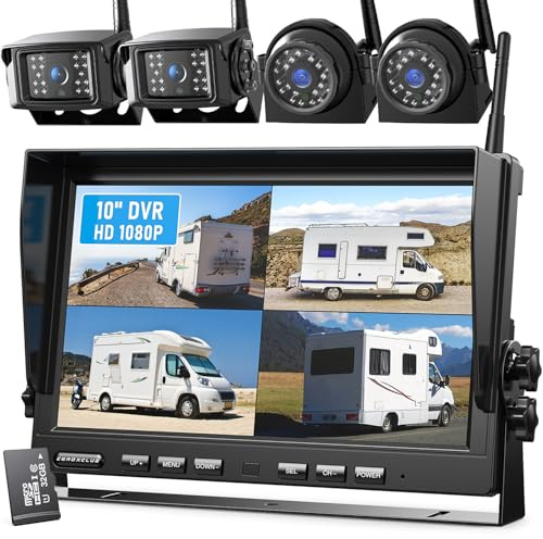 Digital Rückfahrkamera Kabellos Set, 10“ HD 1080P Monitor+ 4 Kameras, IP69K wasserdichte Rückfahrkamera Funk, Nachtsicht, Wireless Einparkhilfe, Loop-Aufnahme, für LKW Wohnwagen Anhänger