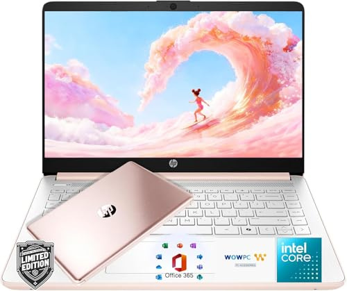 HP 14″Rose Gold Lightweight Laptop, with Office 365 & Copilot AI, Intel Processor, 4GB RAM Memory, 64GB SSD, Windows 11