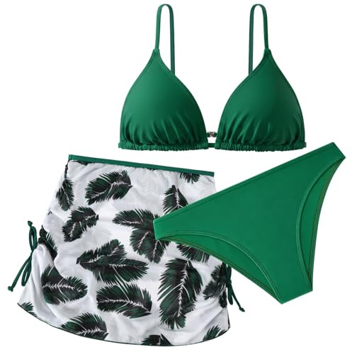 Aolso Girls' 3 Piece Swimsuits, Bikini Set with Tropical Print Cover-up Skirt, Adjustable Straps Bikini Top, Girls Swimsuit for 9-13 Years Old