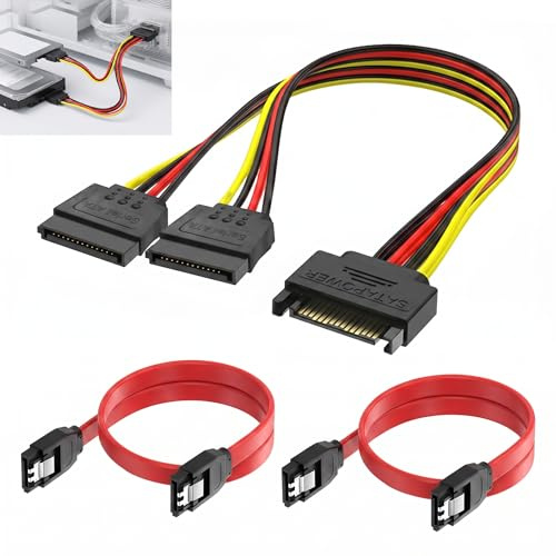 Wxuiqaz Set med 3 SATA III-kabel, 6 Gb/s, Y SATA-strömadapter, 15-stifts SATA-kabel, rak kontakt, med datakablar för SSD HDD, intern hårddisk, Blu-Ray-CD-spelare, PC, stationär