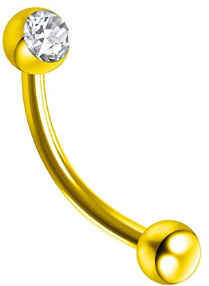 Piercing per sopracciglio a banana, in acciaio chirurgico anodizzato, calibro 16, colore: oro, Cristallo, pietra preziosa, acciaio, pietra, pietra oro