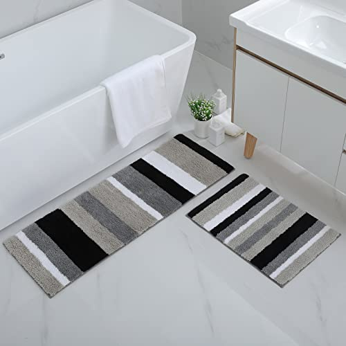 Homaxy Tappeto da bagno in microfibra, antiscivolo, morbido, assorbente, a pelo lungo, lavabile, 40 x 60 cm + 40 x 120 cm, colore: nero e grigio