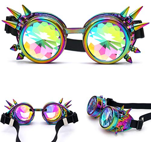 DODOING Kaleidoskop Brille Steampunk Rave Brille Brille Kristall Regenbogen Kaleidoskop Rave Brille Regenbogen Kristall Glas Linse, Bunt (Spitze), One size