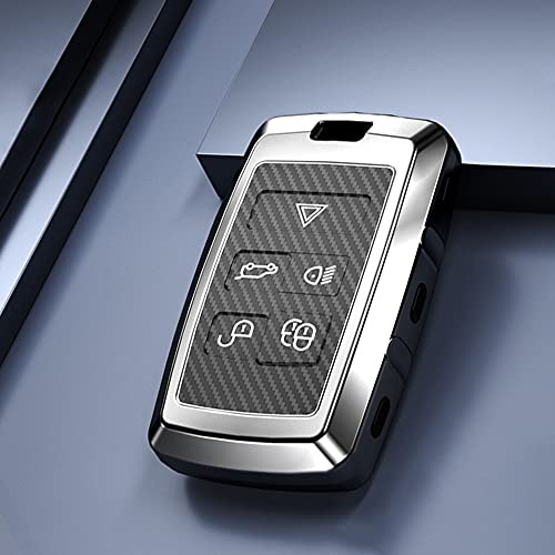 HIBEYO Smart Schlüssel Hülle passt für Land Rover Jaguar Schutzhülle Schlüsselbox für Jaguar XE Range Rover Sport Velar Discovery 5 Fernbedienung Schlüsselgehäuse Kohlefaser 5Tasten(Silber-TPU)